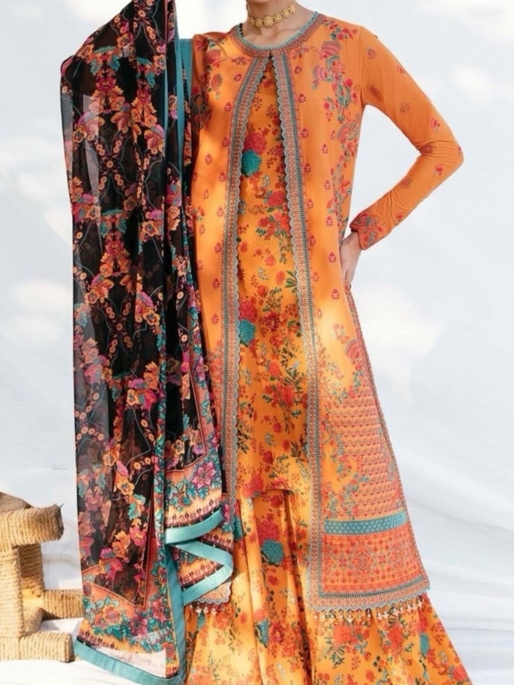 Orange Floral Printed Long Kurta Set with Black Floral Dupatta